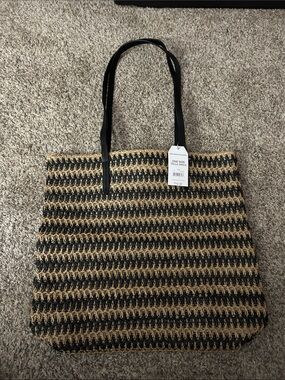 Woven Black and Natural Straw Beach Tote Bag with Black Straps